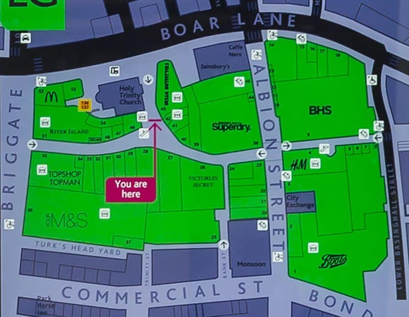 Mall map design for Trinity Leeds Shopping Centre which includes a 'You Are Here' marker