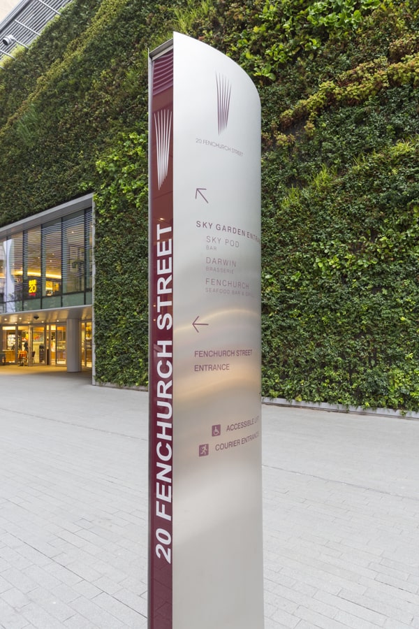 Side on view of the external totem sign at 20 Fenchurch St.
