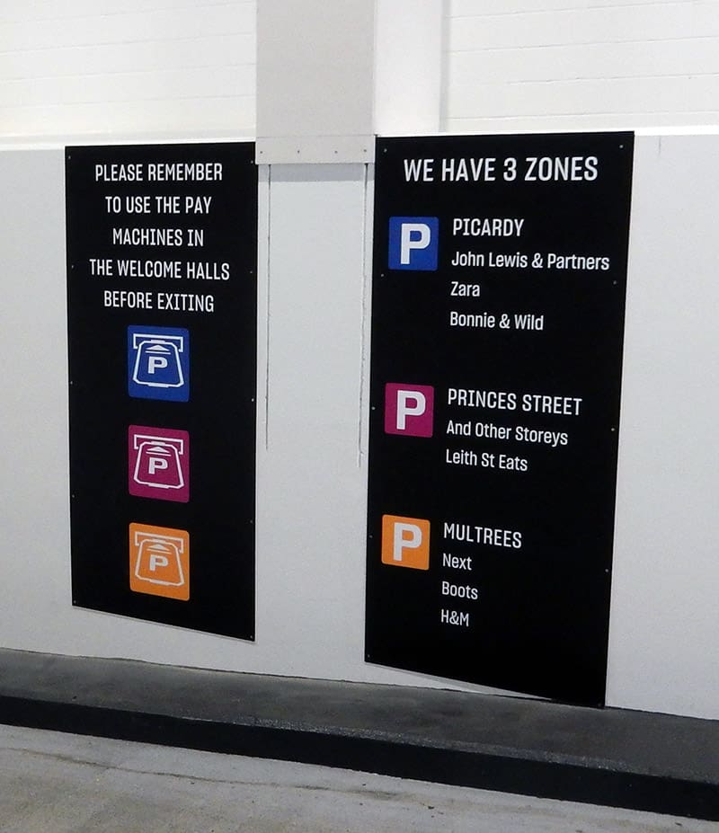 Orientation information at the entrance to the St James Quarter car park