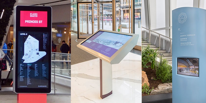 Composite images of different uses of digital screens in wayfinding signage