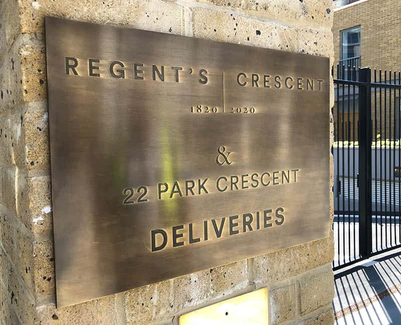 Gated entry identification sign - Regent's Crescent Apartments